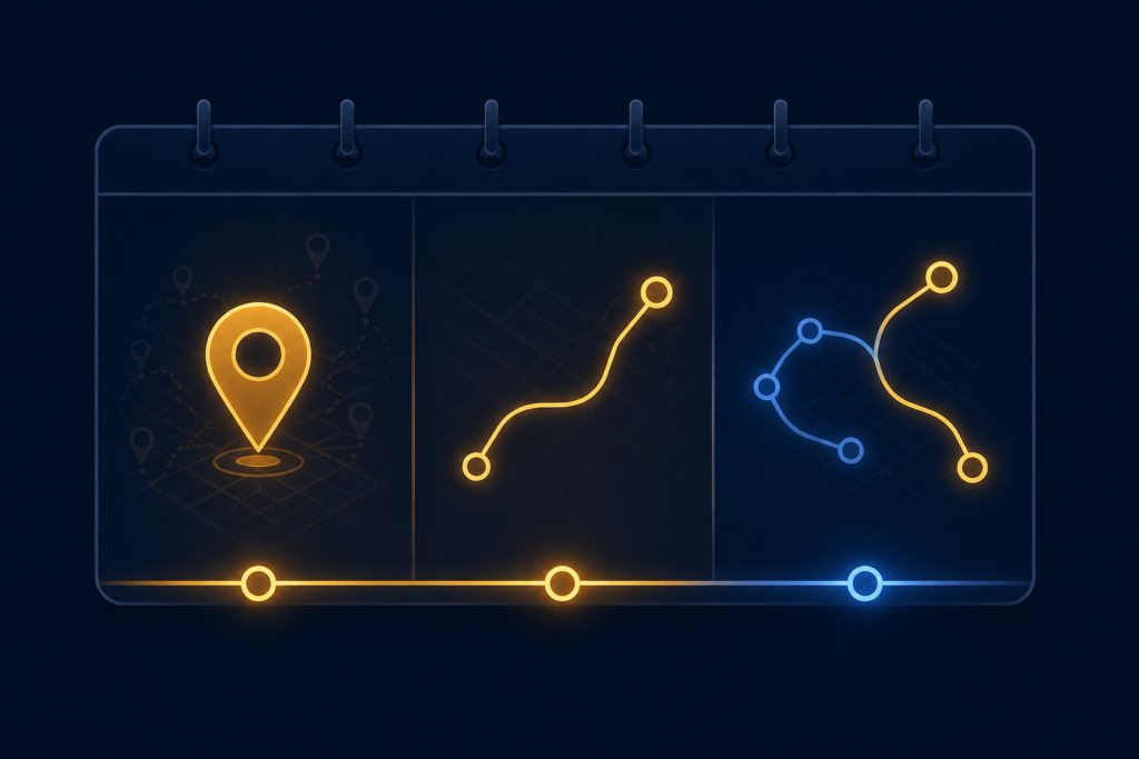 Three-phase timeline illustration with tracking, single-route, and dual-route icons, representing the 90-day plan to validate a transport business model