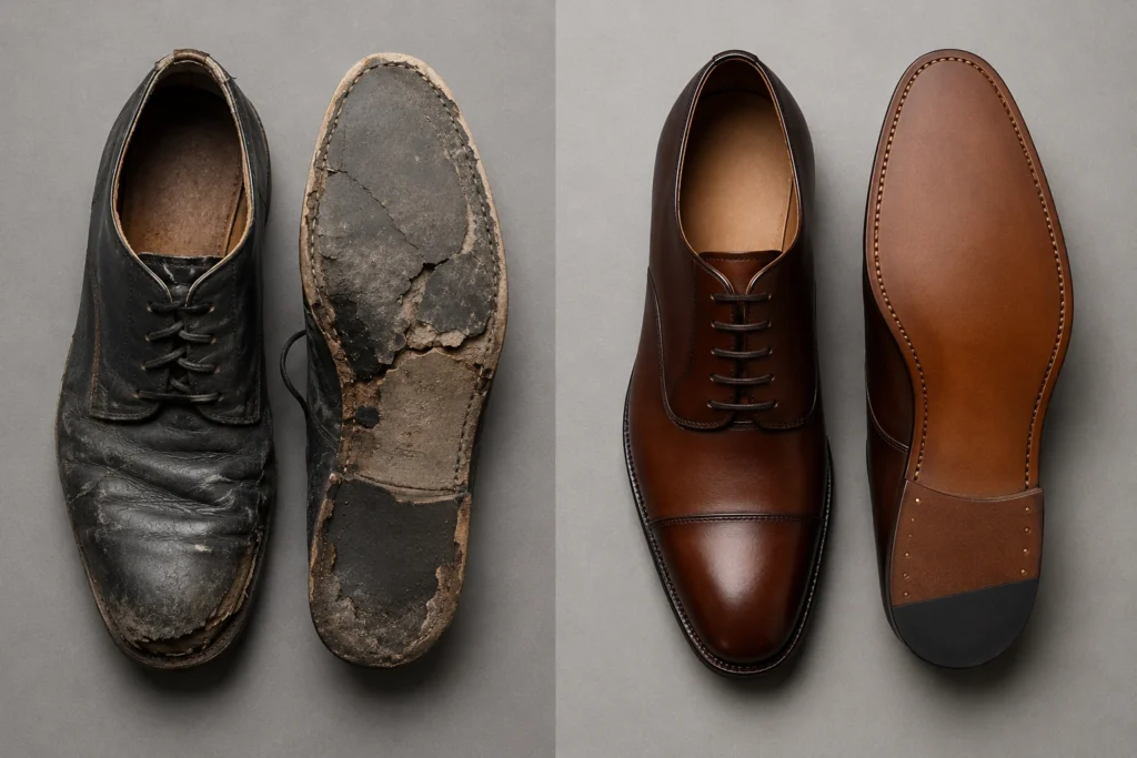 Side-by-side comparison of a worn-out cheap shoe and a durable pair of branded shoes for men