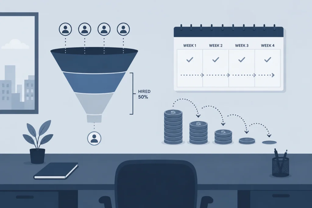 Illustration showing the slow cost and time drain of building an in-house marketing team too early