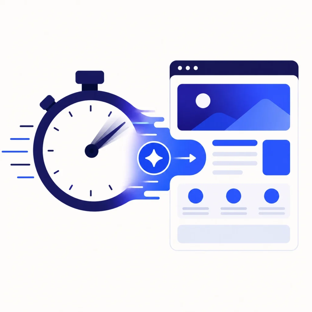 Illustration of a stopwatch transforming into a landing page mockup, representing how Digital Creative speeds up time to market