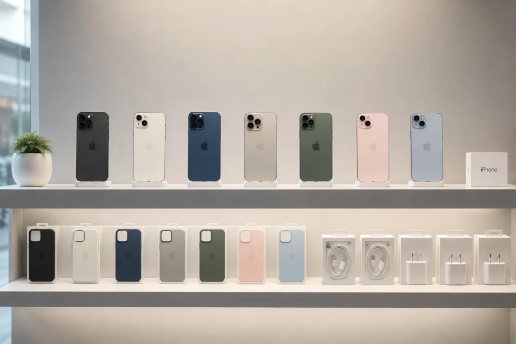 Cluttered multi-brand mobile store stockroom contrasted with a streamlined iPhone Mobile Shop model