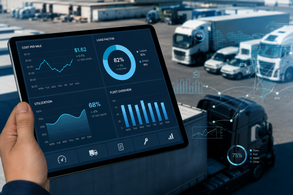 Tablet displaying cost-per-mile and utilization charts with a truck fleet in the background, illustrating the unit economics of a transport business