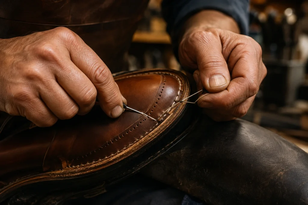 Close-up of hand-stitched Goodyear welt construction on a branded men's leather shoe