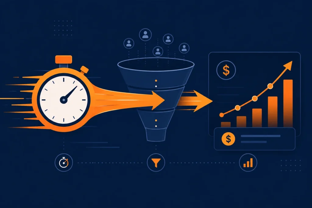Stopwatch and arrow illustration showing a digital marketing business speeding up time to revenue