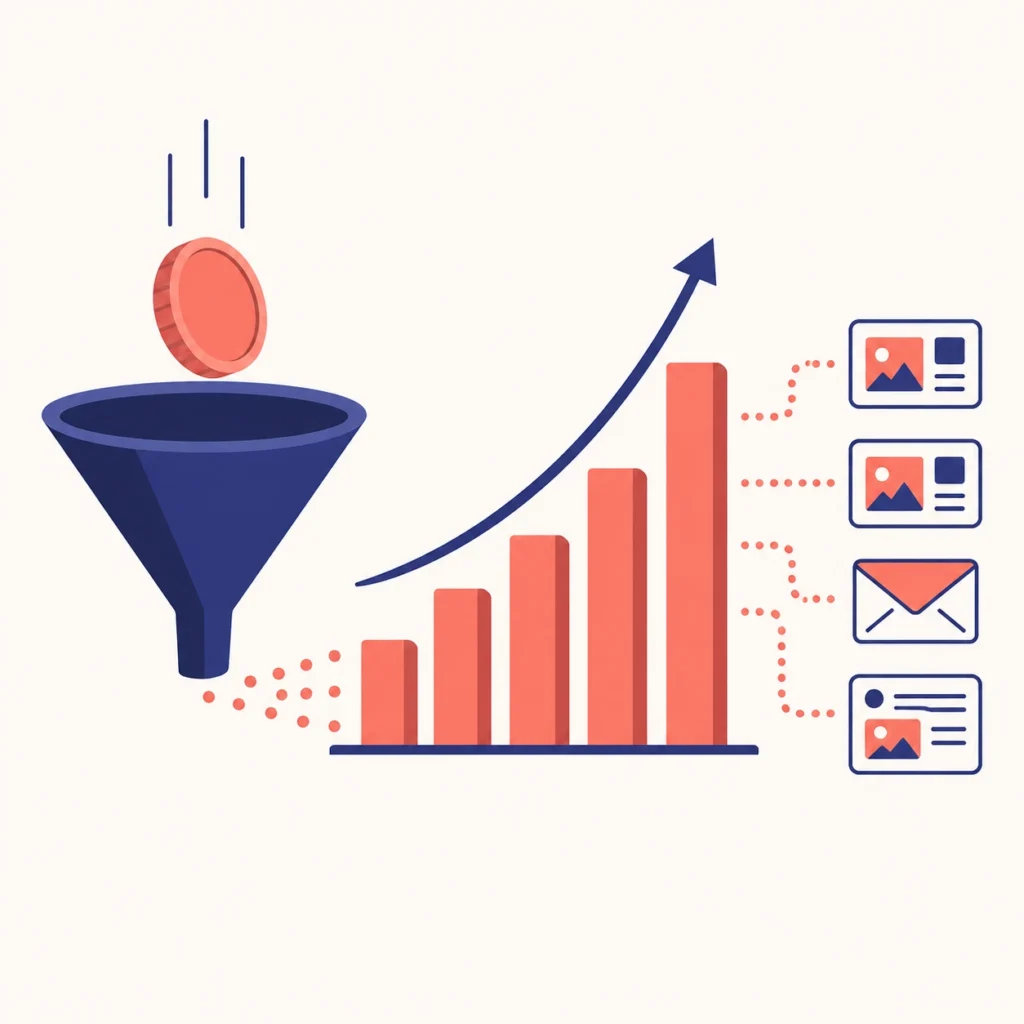 Illustration of a coin multiplying through a funnel into a rising bar chart, symbolizing Digital Creative compounding ad spend RO