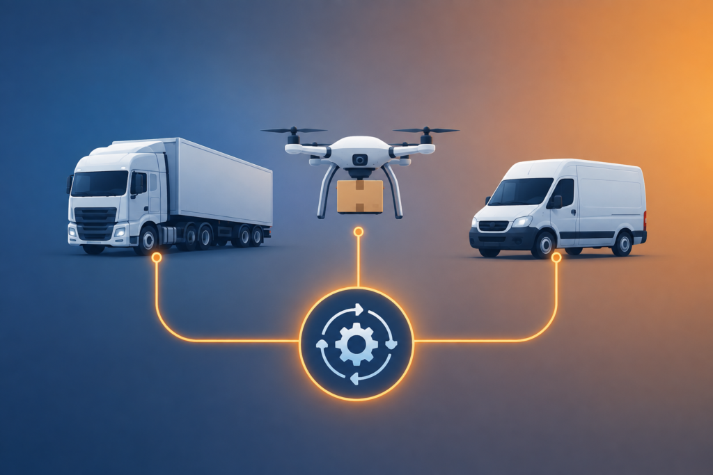 Three different transport vehicles — a truck, a delivery drone, and a courier van — connected by digital route lines to a central optimization icon, representing varied transport business models