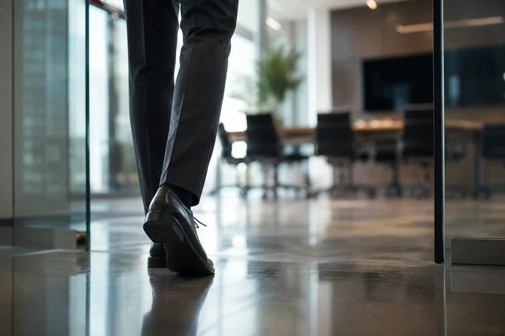 Businessman wearing polished branded shoes for men while walking into a corporate meeting