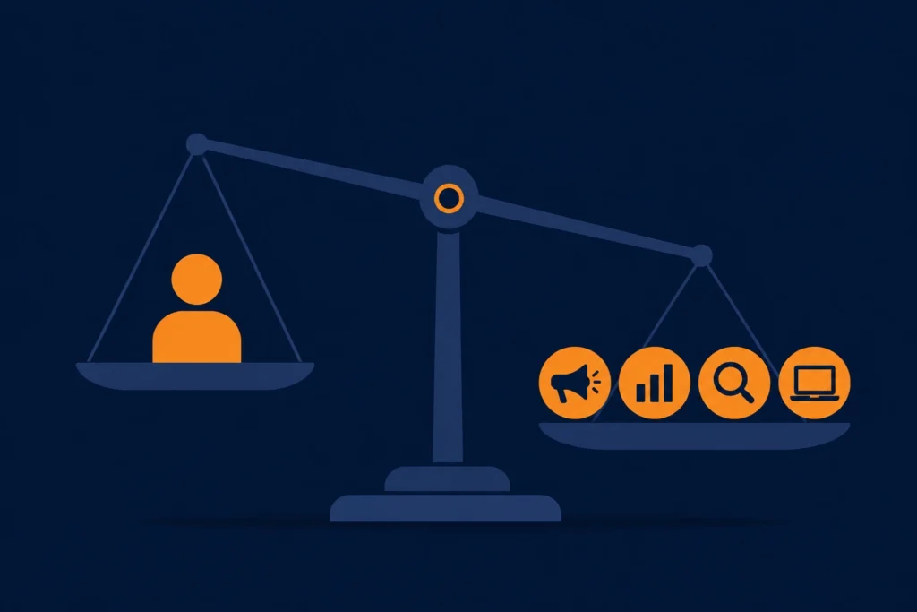 Balance scale comparing one in-house hire against a full specialist team, illustrating stronger ROI from a digital marketing business