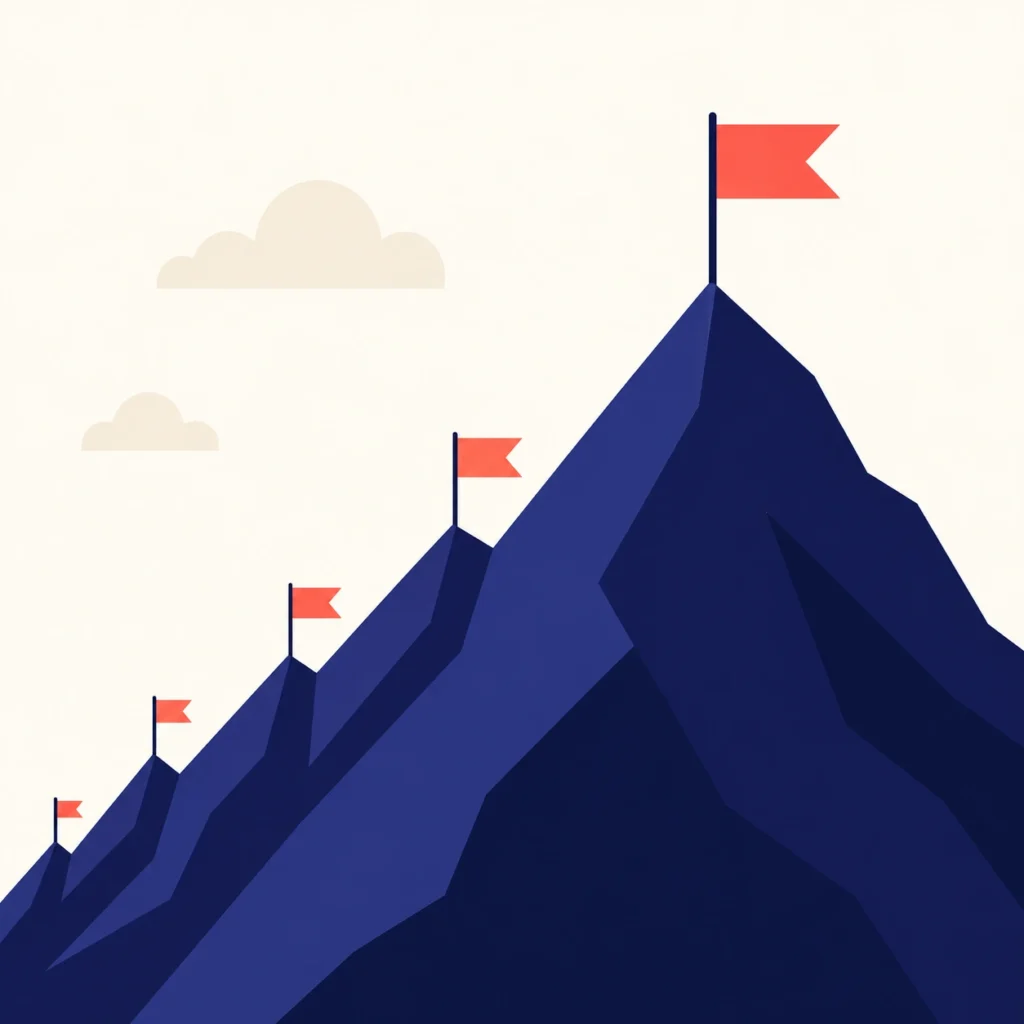 Illustration of a flag planted at the summit of a mountain with smaller copycat flags below, representing category ownership through Digital Creative