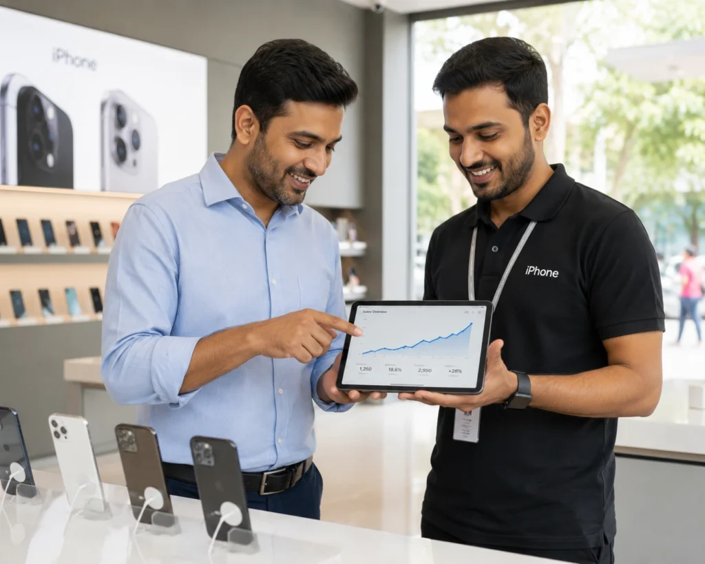 Founder reviewing compounding margin growth data inside an iPhone Mobile Shop