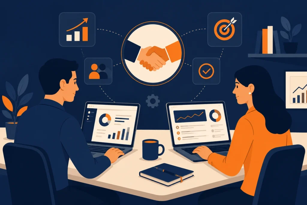Founder and marketing team collaborating on campaign dashboards, showing real results from a digital marketing business engagement