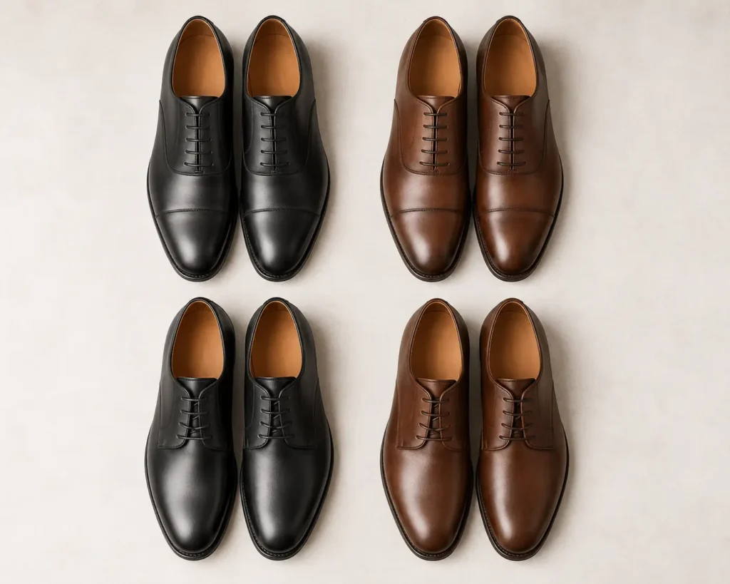 Four essential pairs of branded shoes for men in black and brown, oxford and derby styles