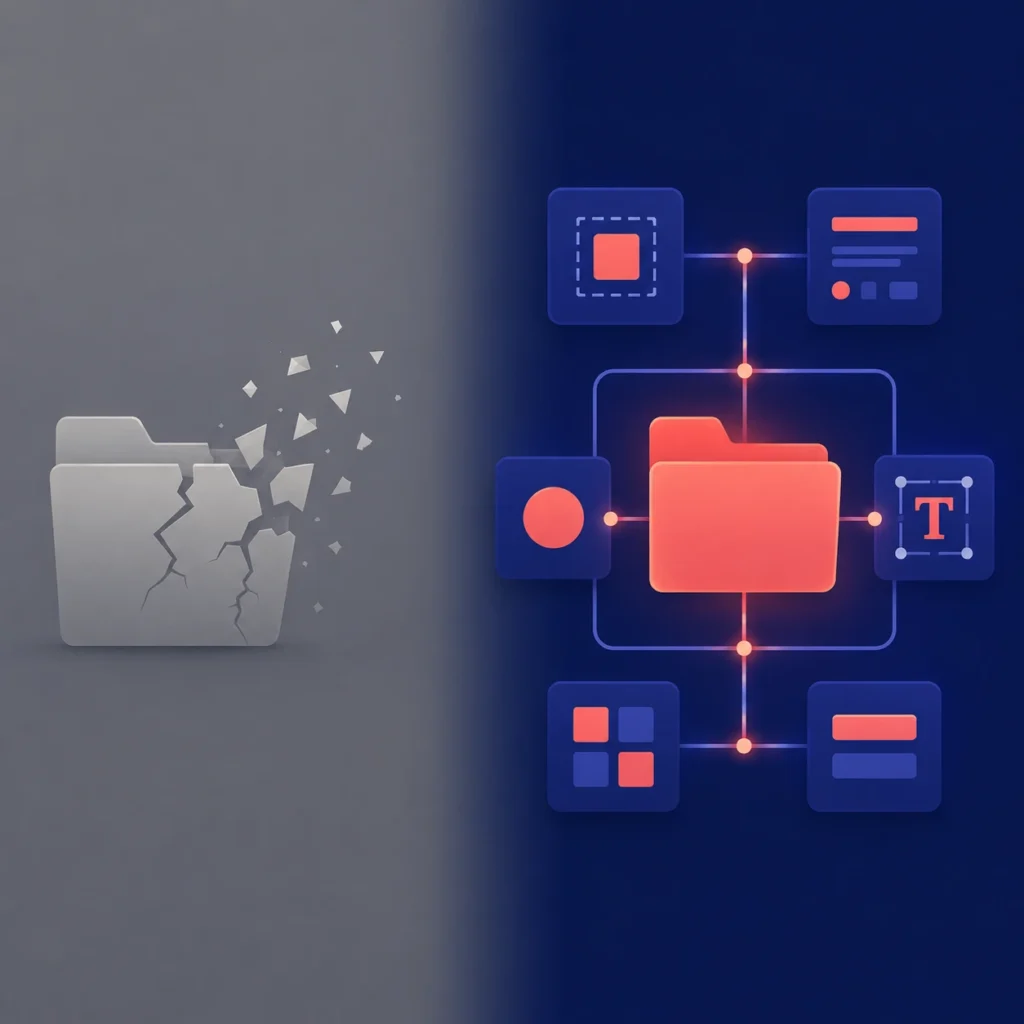 Split illustration contrasting a crumbling isolated file with a connected design system network, showing Digital Creative as infrastructure not a deliverable