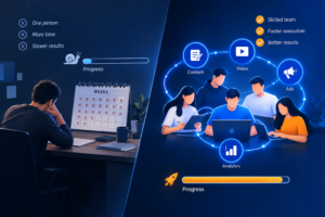 Split illustration comparing a slow solo hiring path with a fast agency team that covers writing, video, ads, and analytics